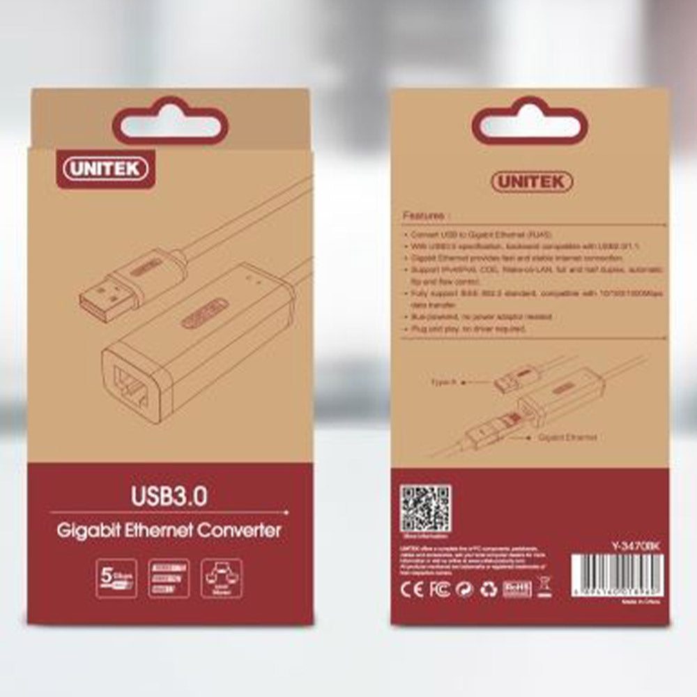Unitek Y-3470 USB-A 3.0 Gigabit Ethernet Converter Supports IPv4/V6