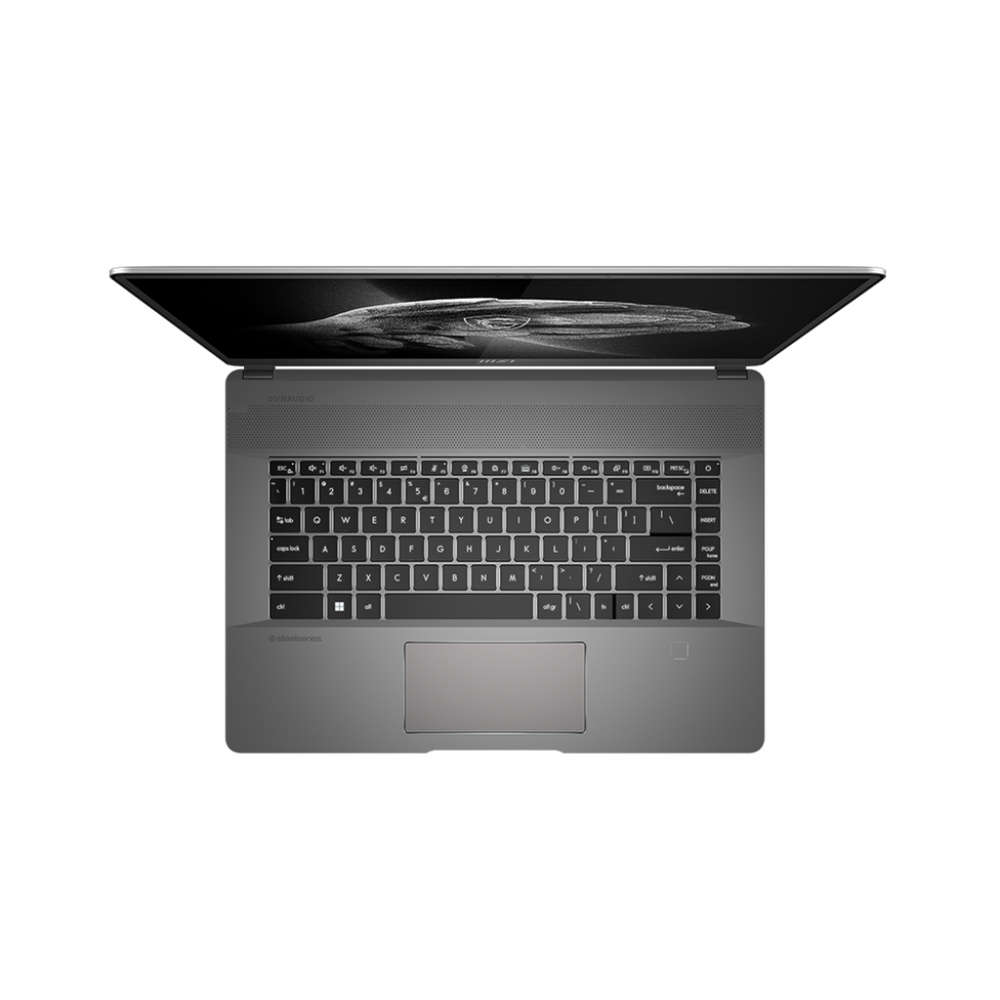 Gray MSI laptop top view with backlit keyboard and touchpad area