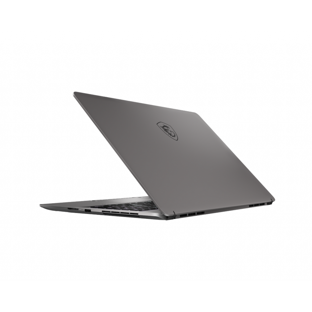 Gray MSI laptop angled open, showing lid underside and keyboard deck