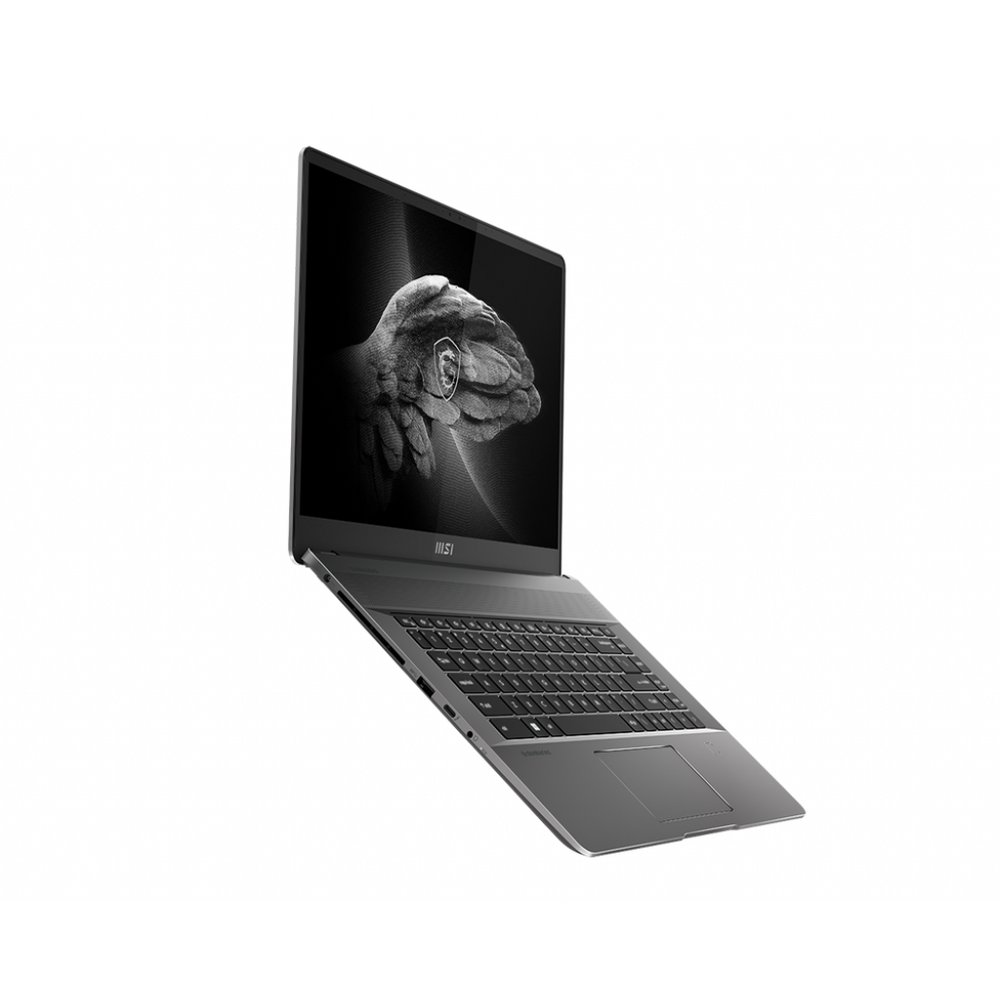 Gray MSI laptop with display open at an angle, keyboard and trackpad visible