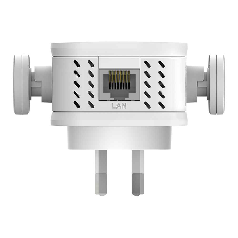 D-Link Wi‑Fi range extender with LAN port on underside and dual antennas