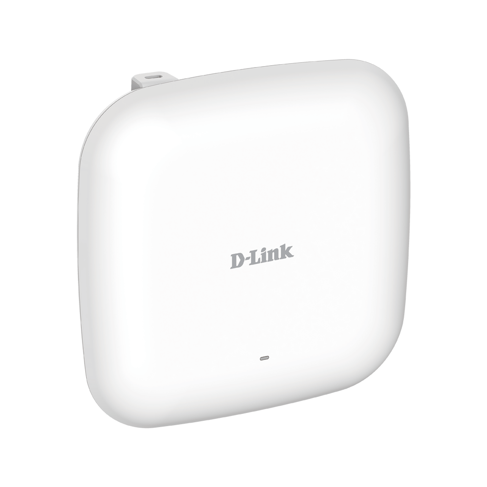 D-Link wireless AX access point, white angled front with status LED
