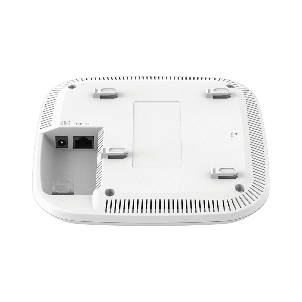 White wireless access point bottom ports with Ethernet and power connectors