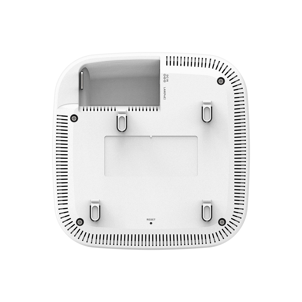 White wireless access point mounting base with reset button and cable opening