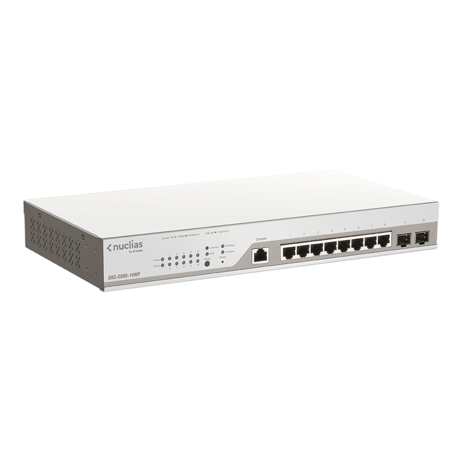 10-port gigabit nuclias cloud managed poe switch with 8 poe rj45 and 2 sfp ports. poe budget 130 watts. tech supply shed
