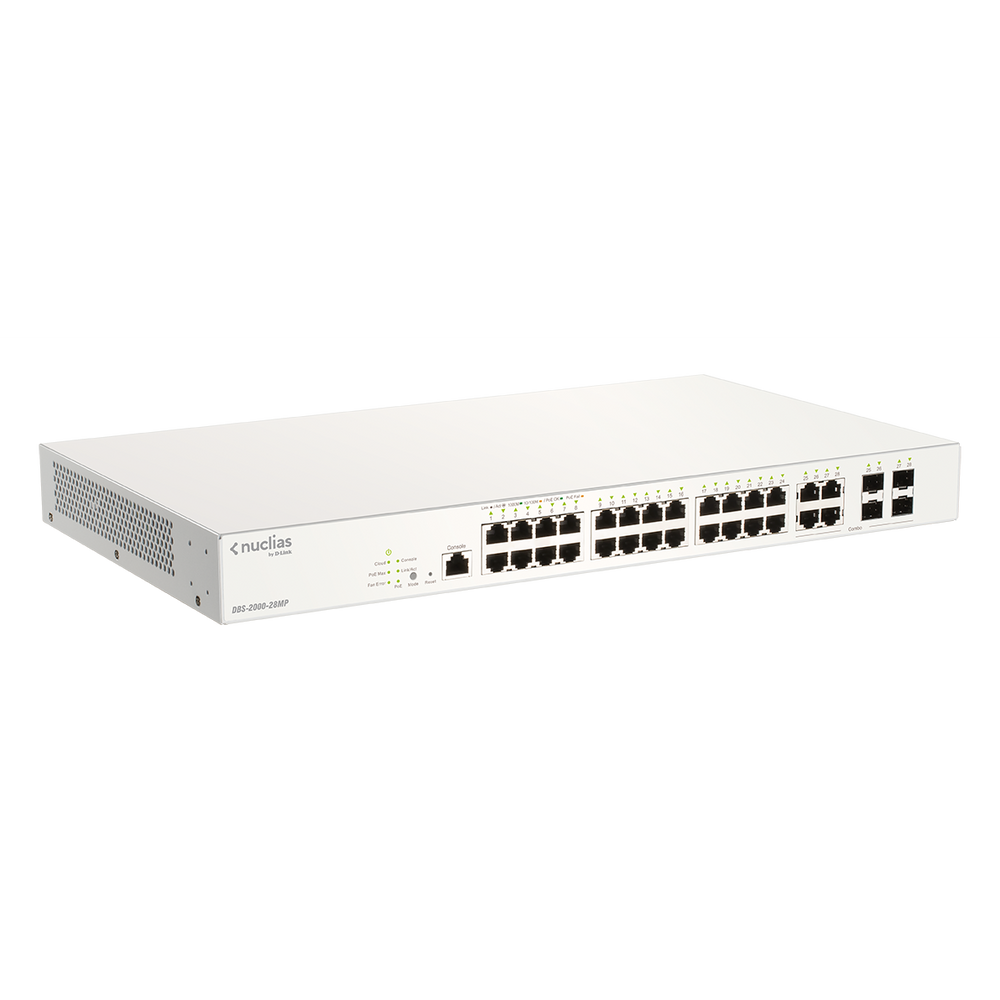 28-port gigabit nuclias cloud managed poe switch with 28 rj45 (24 poe) and 4 combo sfp ports. poe budget 370 watts. tech supply shed