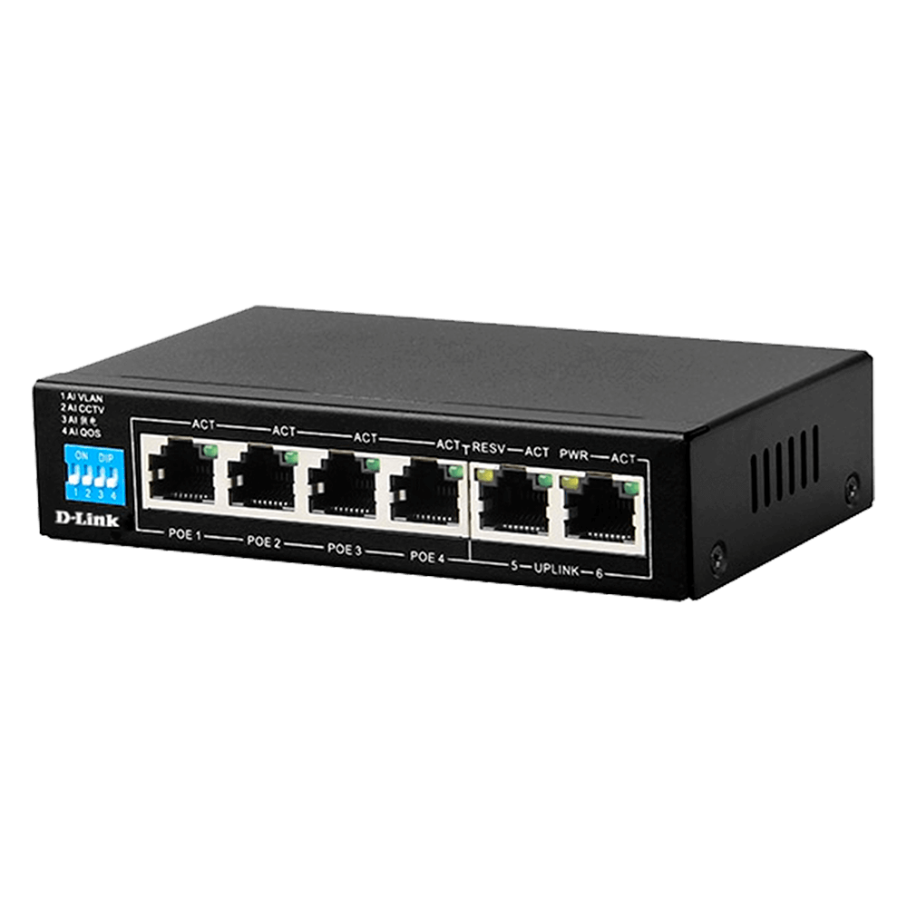 6-port 10/100mbps poe switch with 4 long reach poe ports and 2 uplink ports. poe budget 60w. tech supply shed