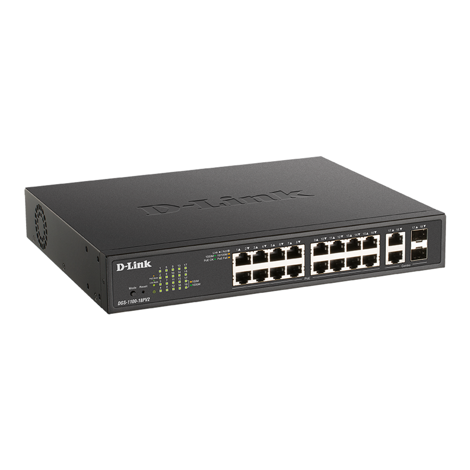 18-port gigabit smart managed switch with 16 poe+ and 2 combo rj45/sfp ports. poe budget 130w. tech supply shed