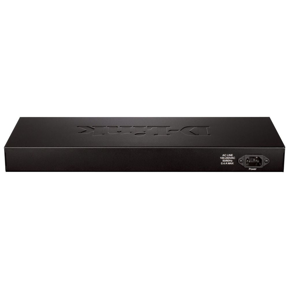 Black D-Link smart managed gigabit switch, rear AC power and console port