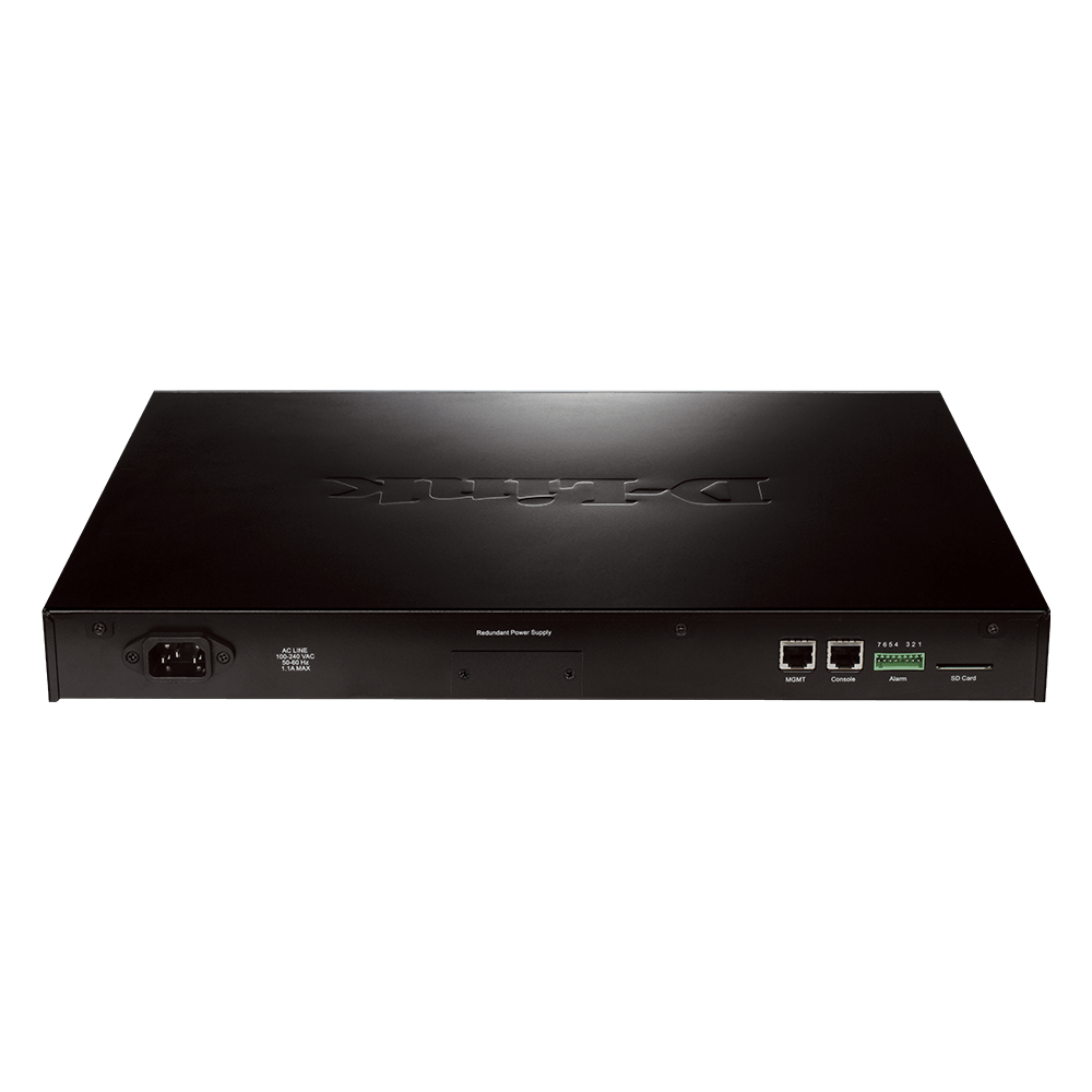 D-Link stackable gigabit switch, rear ports and power connector, dark metal