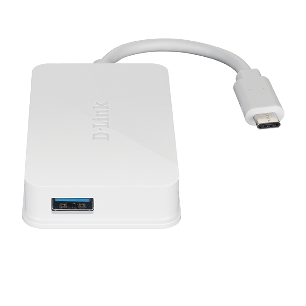 White USB-C 4-port hub with one visible USB 3.0 port and cable connector