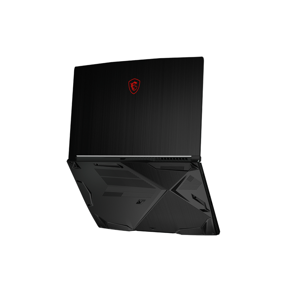 Black gaming laptop from above with red emblem on lid and textured base