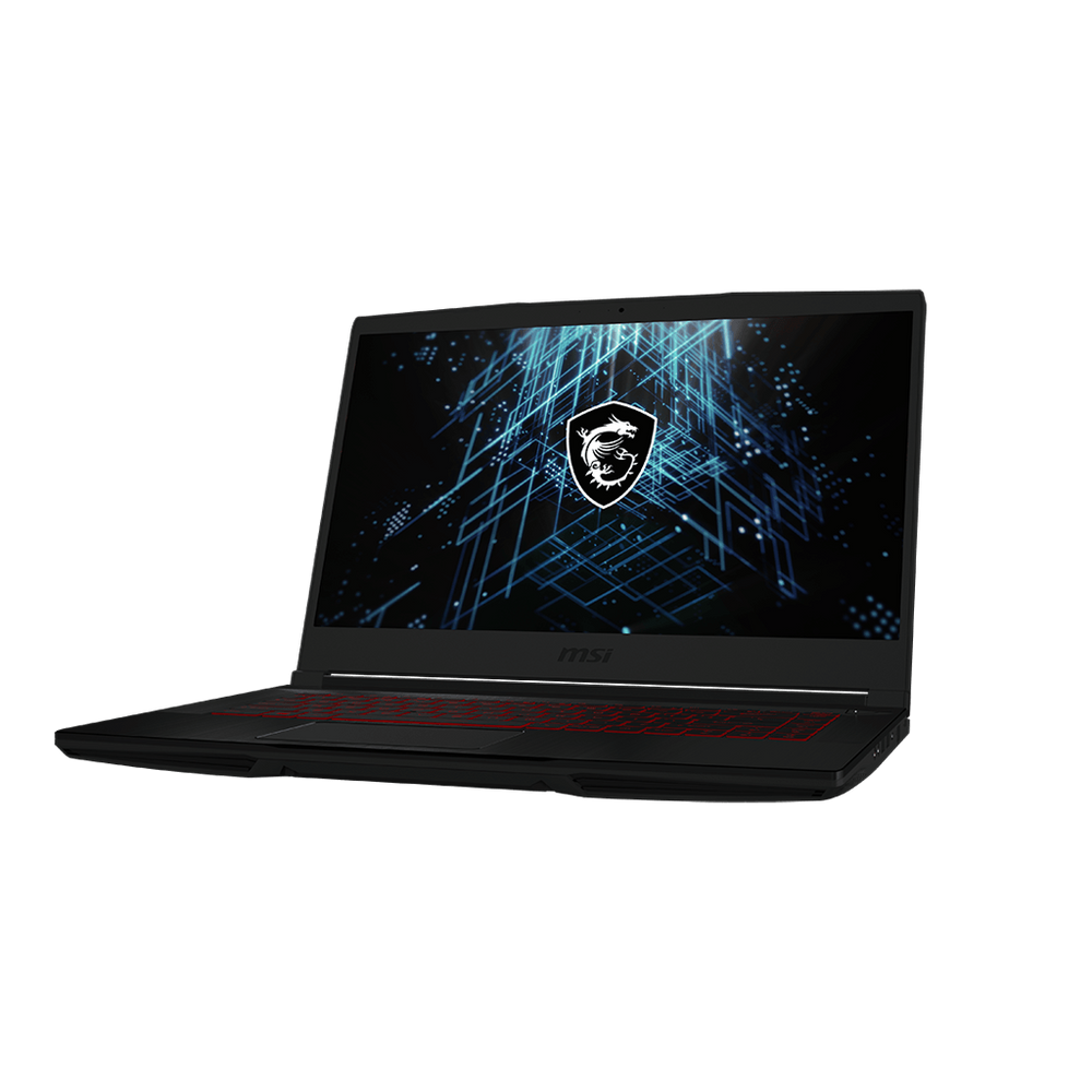 Black gaming laptop with shield logo display and red-backlit keyboard