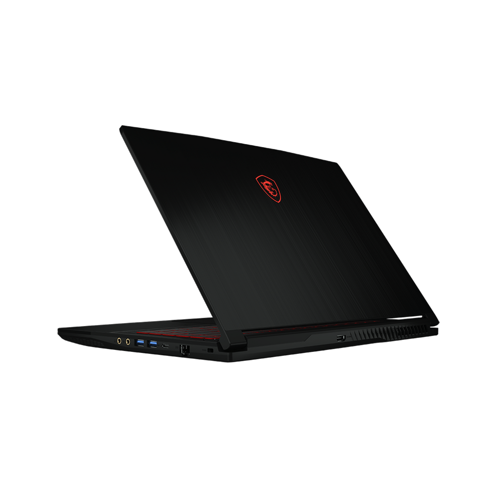 Black gaming laptop with red emblem, showing side ports and angled view