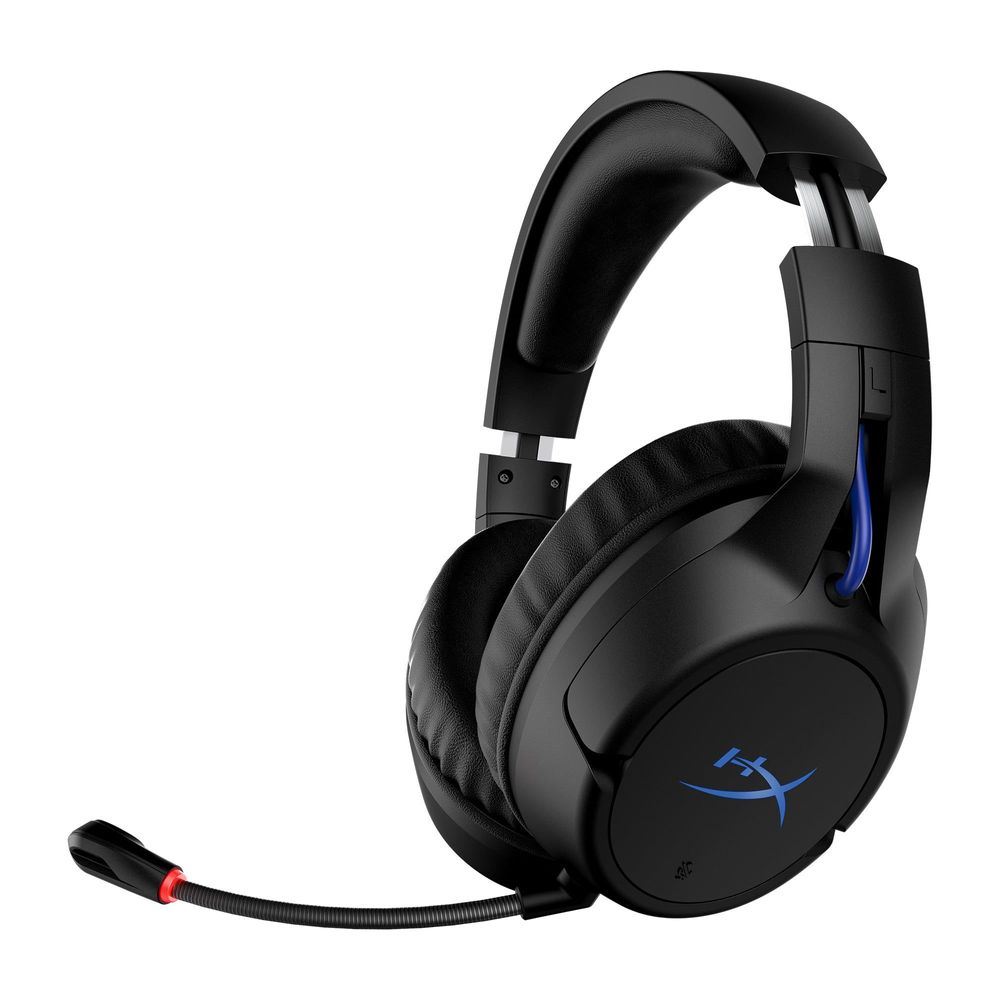 Black HyperX over-ear wireless gaming headset, side view with boom mic and blue trim