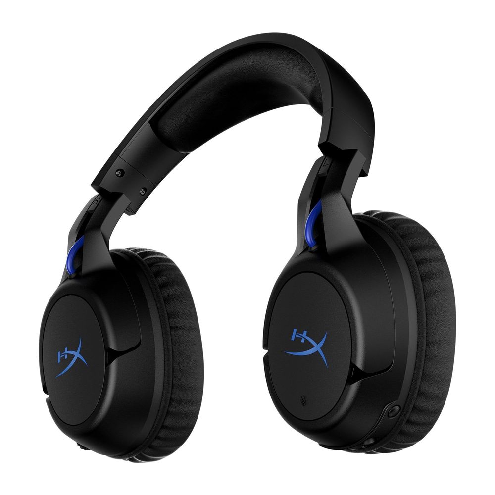 Black HyperX over-ear wireless gaming headset, front-facing ear cups with blue logos