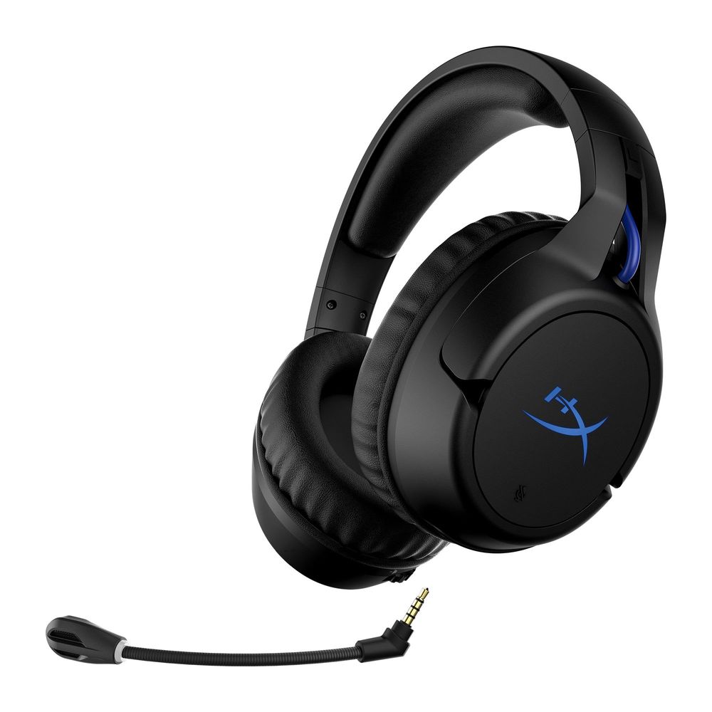 Black HyperX wireless gaming headset with blue logo and 3.5mm audio plug