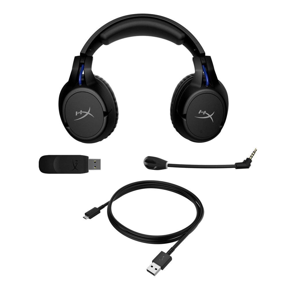 Black HyperX wireless gaming headset set with USB dongle and charging cables