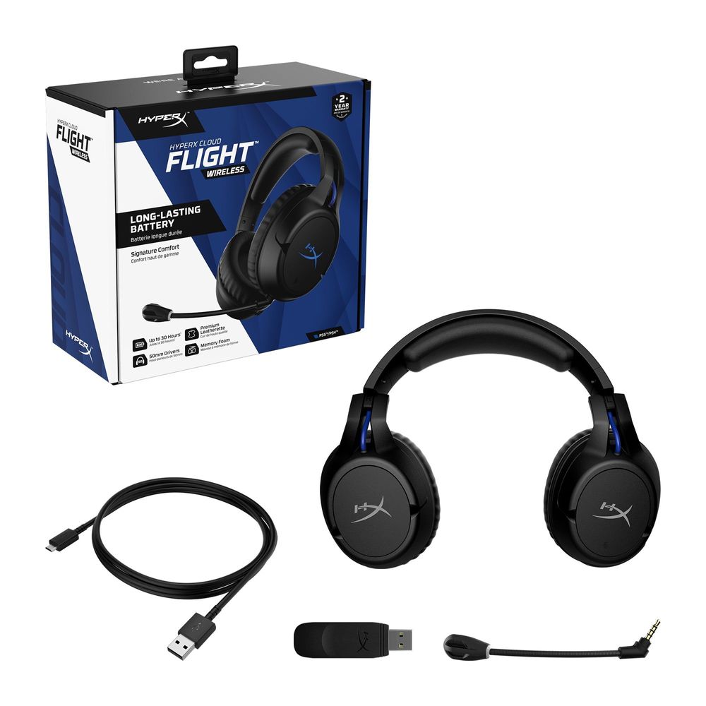 Black HyperX wireless gaming headset with retail box and included USB and audio cables
