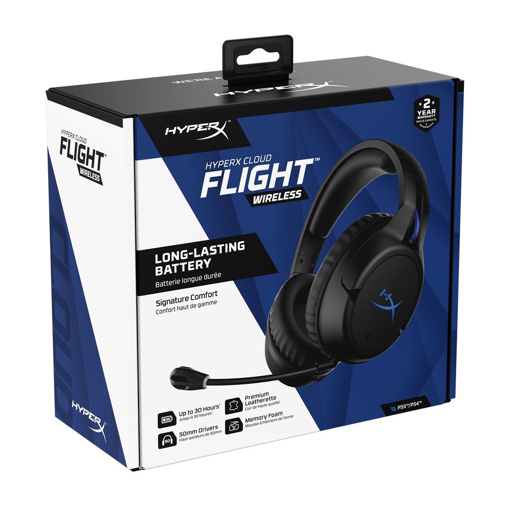 HyperX Cloud Flight Wireless headset retail box with blue accent headset image