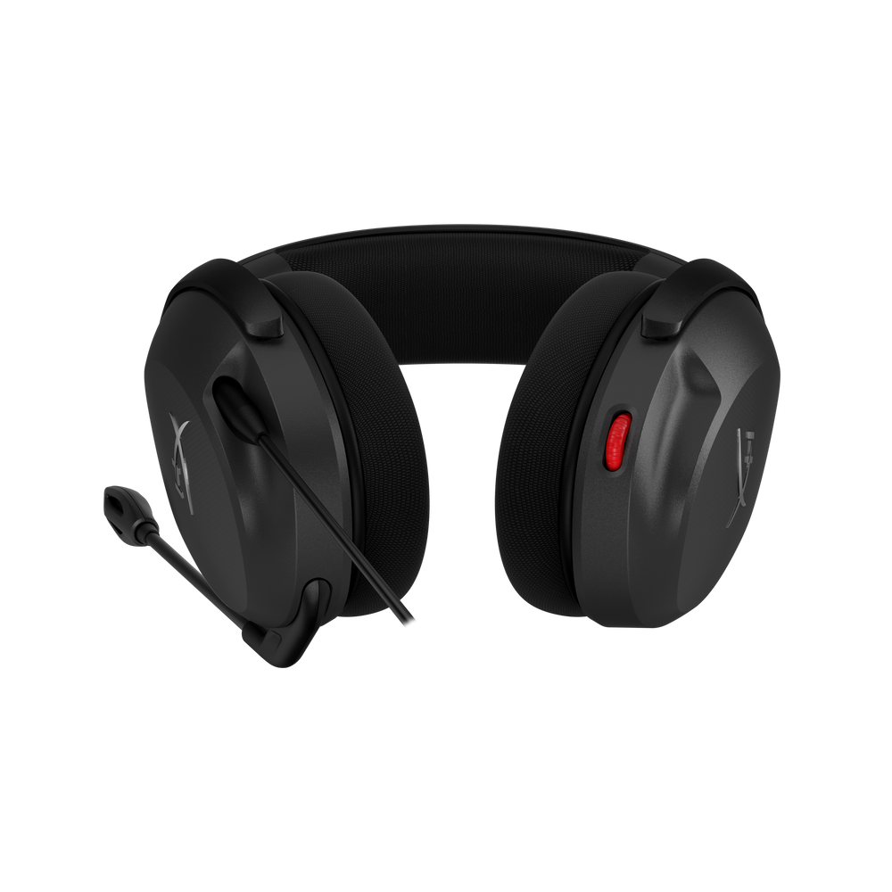 Black over-ear gaming headset with red control button and boom mic