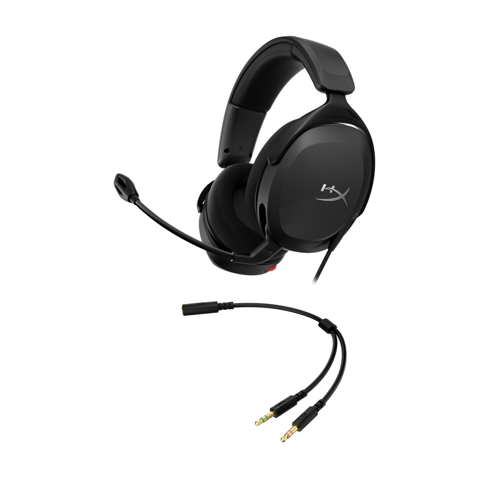 Black gaming headset with boom mic and 3.5mm cable connectors