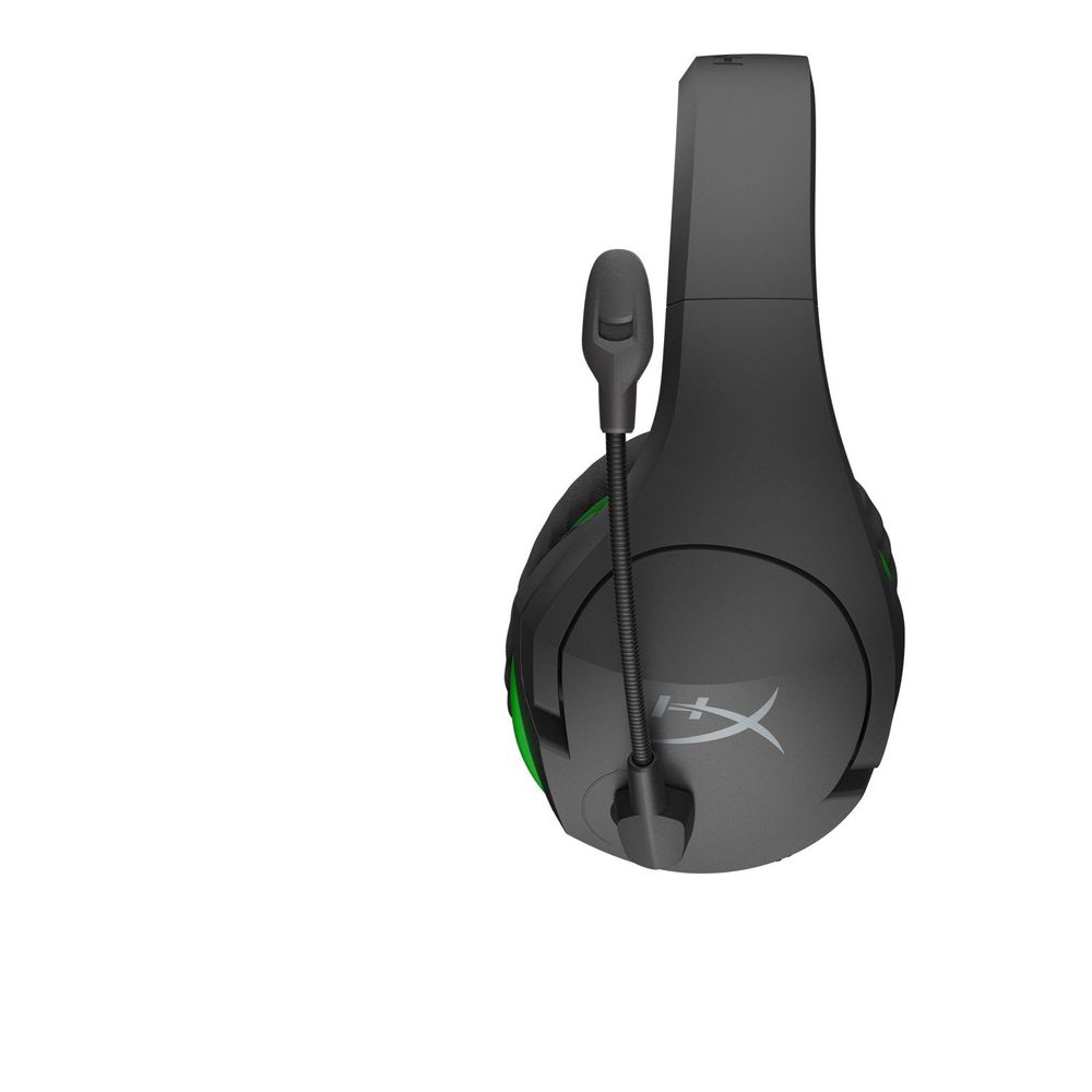 Black over-ear wireless headset with green accents and built-in boom mic