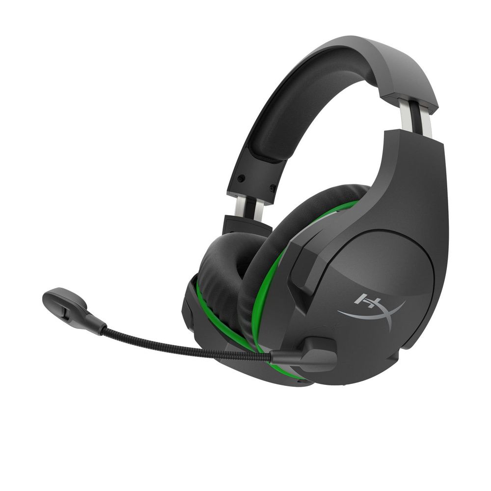 Black wireless gaming headset with green-lined headband and boom microphone