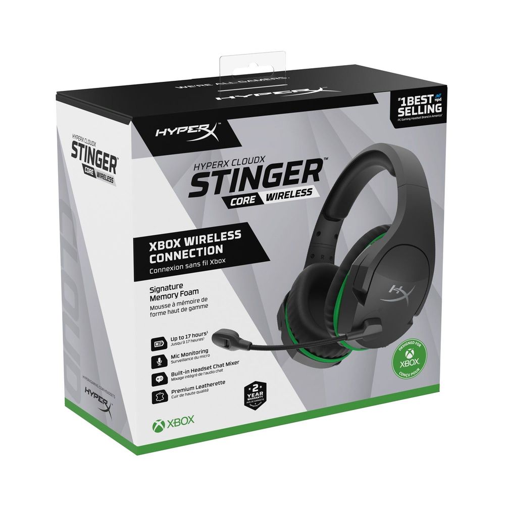 HyperX Cloud Stinger Core Wireless retail box with black and green headset