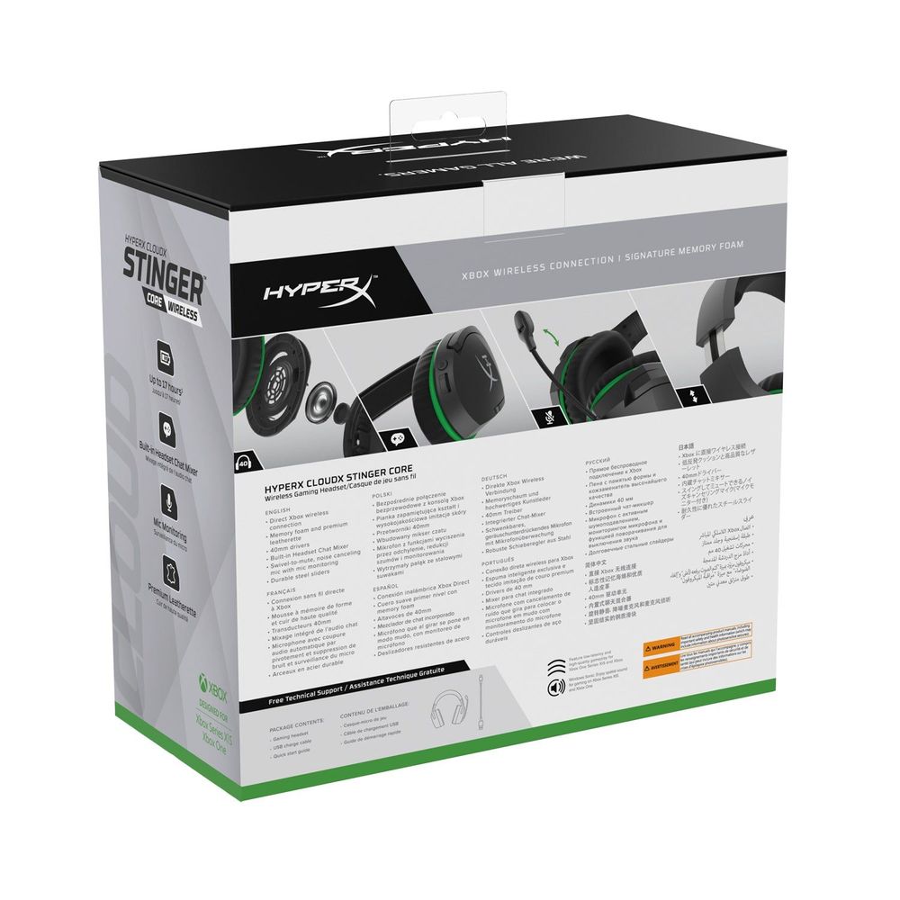 Back of HyperX Cloud Stinger Core Wireless headset retail box with specifications