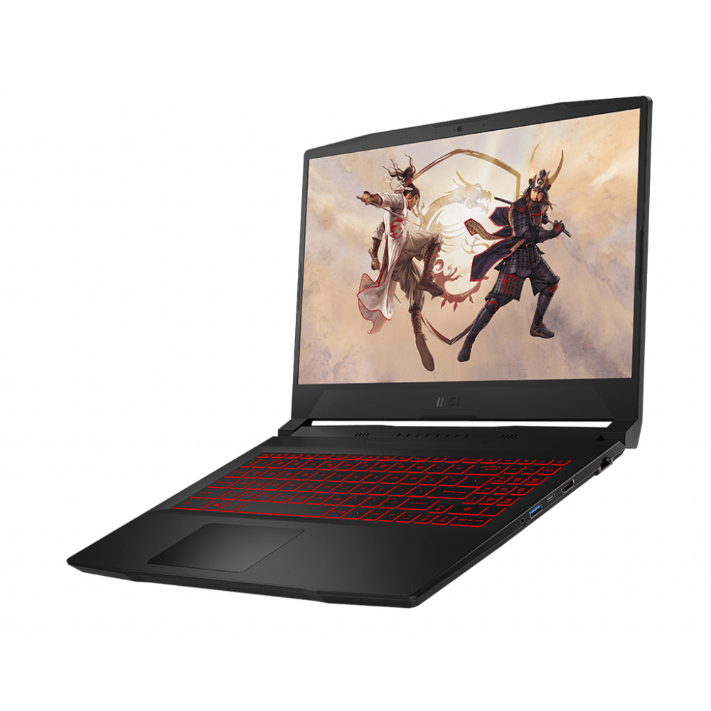 Gaming laptop open with display on and red backlit keyboard
