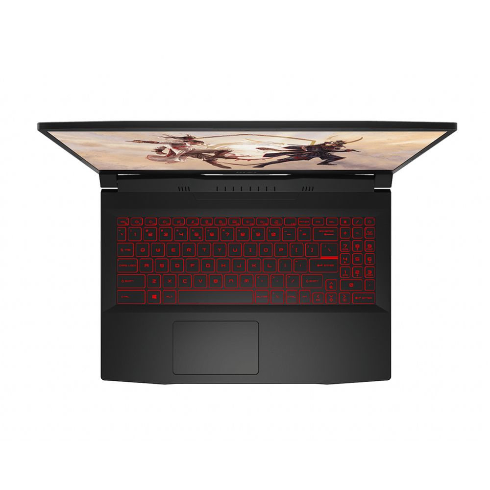 Gaming laptop open front view, red backlit keyboard and trackpad area