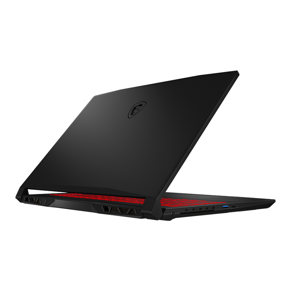 MSI gaming laptop with black lid, red light strip, and keyboard backlighting visible