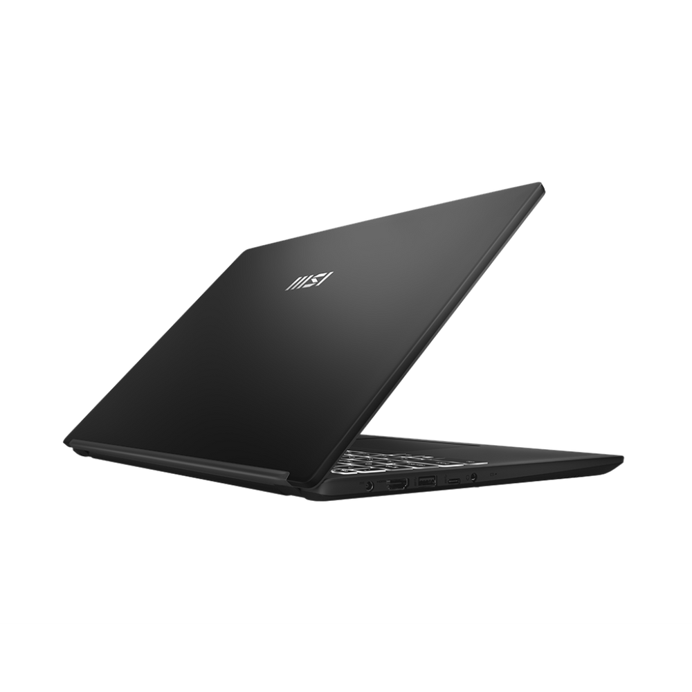 Black MSI Modern 15 laptop closed, showing top lid with MSI logo