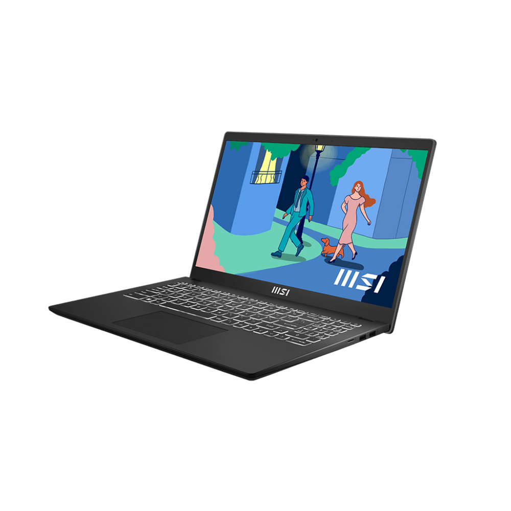 MSI Modern 15 laptop open, showing screen and full black keyboard area