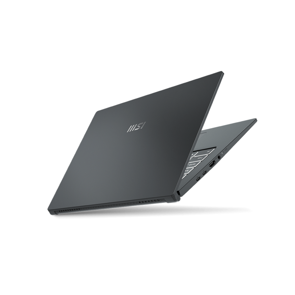 MSI gray gaming notebook back angle with open display and visible rear ports