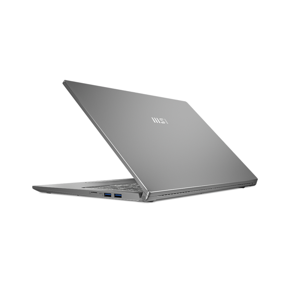 MSI gray gaming notebook angled view, open ports along the side edge