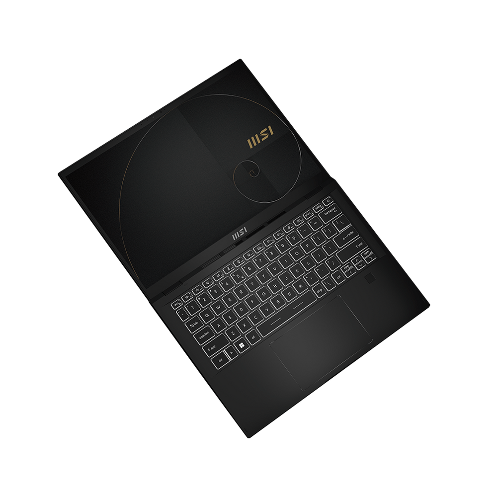 Black MSI Summit laptop keyboard and touchpad close-up, screen tilted back