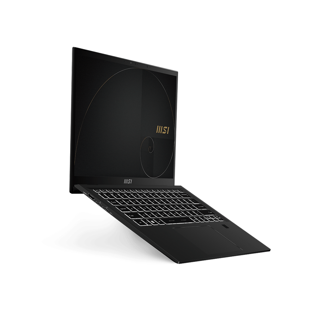 Black MSI Summit laptop angled view with screen open and keyboard visible