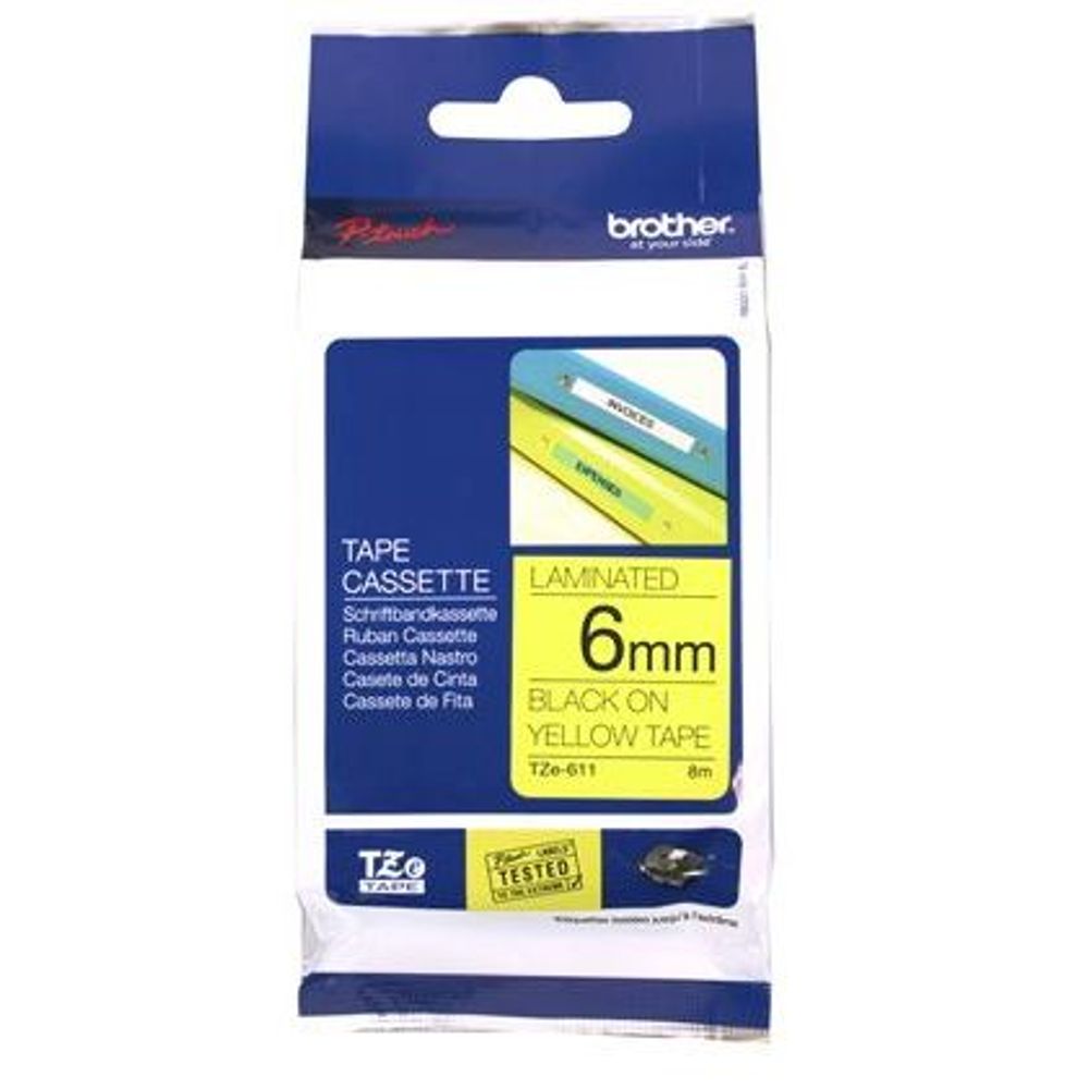 Laminated label tape cassette, 6mm black on yellow tape, Brother TZe