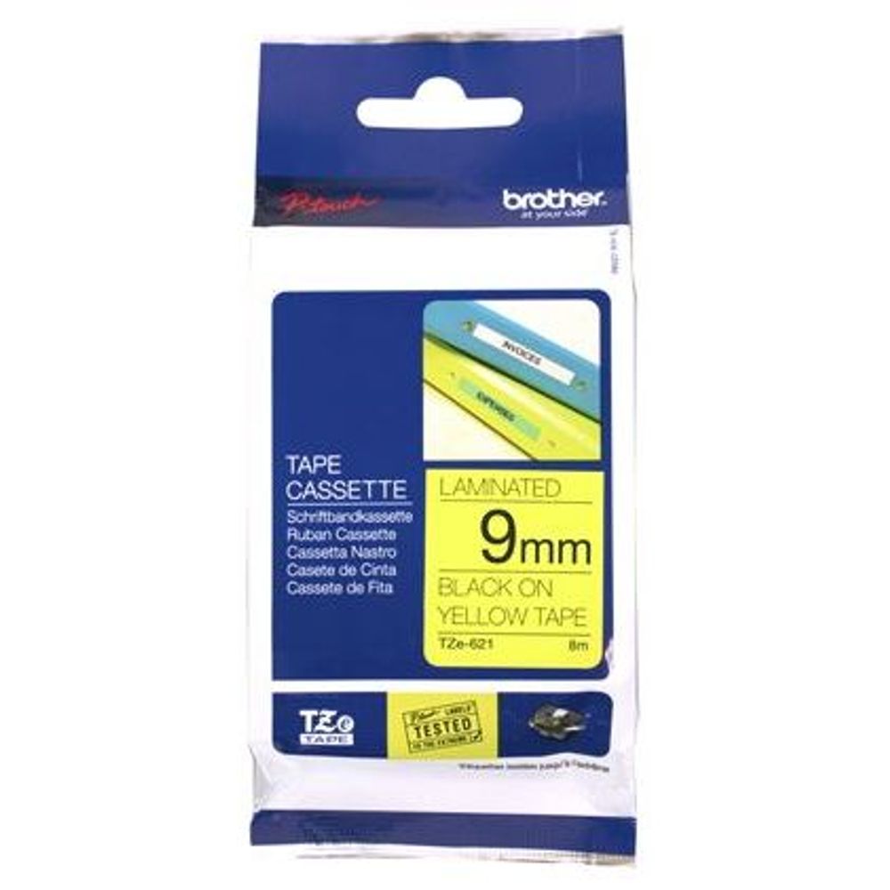 Laminated label tape cassette, 9mm black on yellow tape, Brother TZe