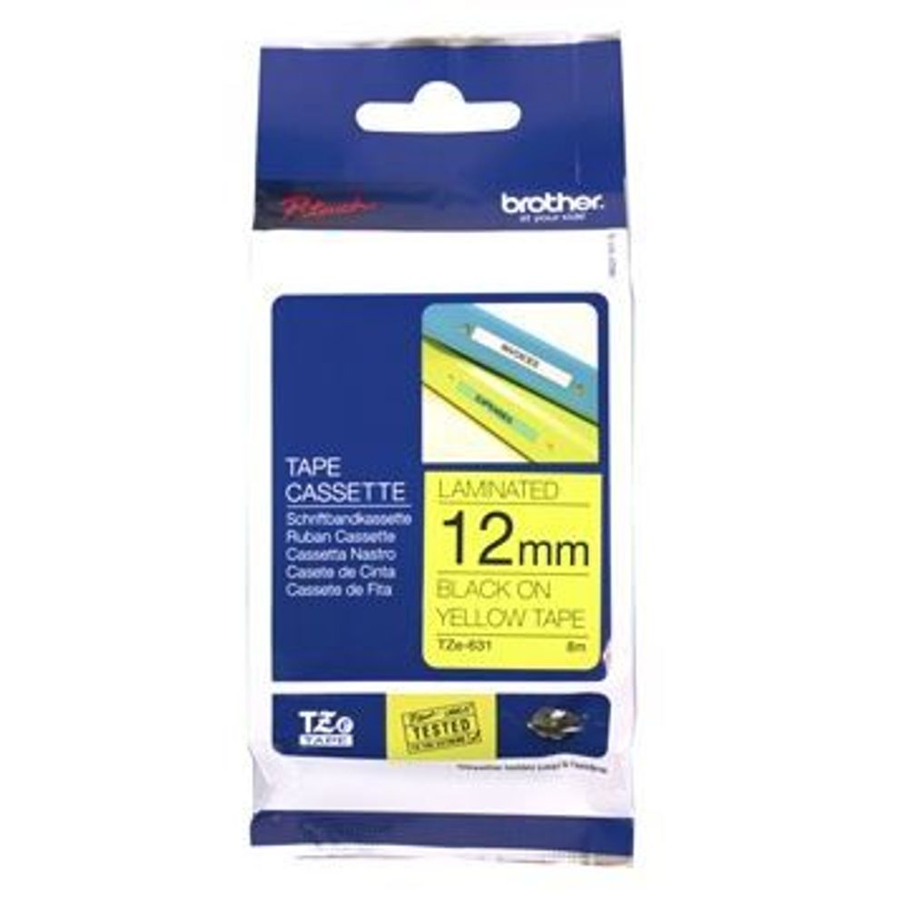 Laminated label tape cassette, 12mm black on yellow tape, Brother TZe