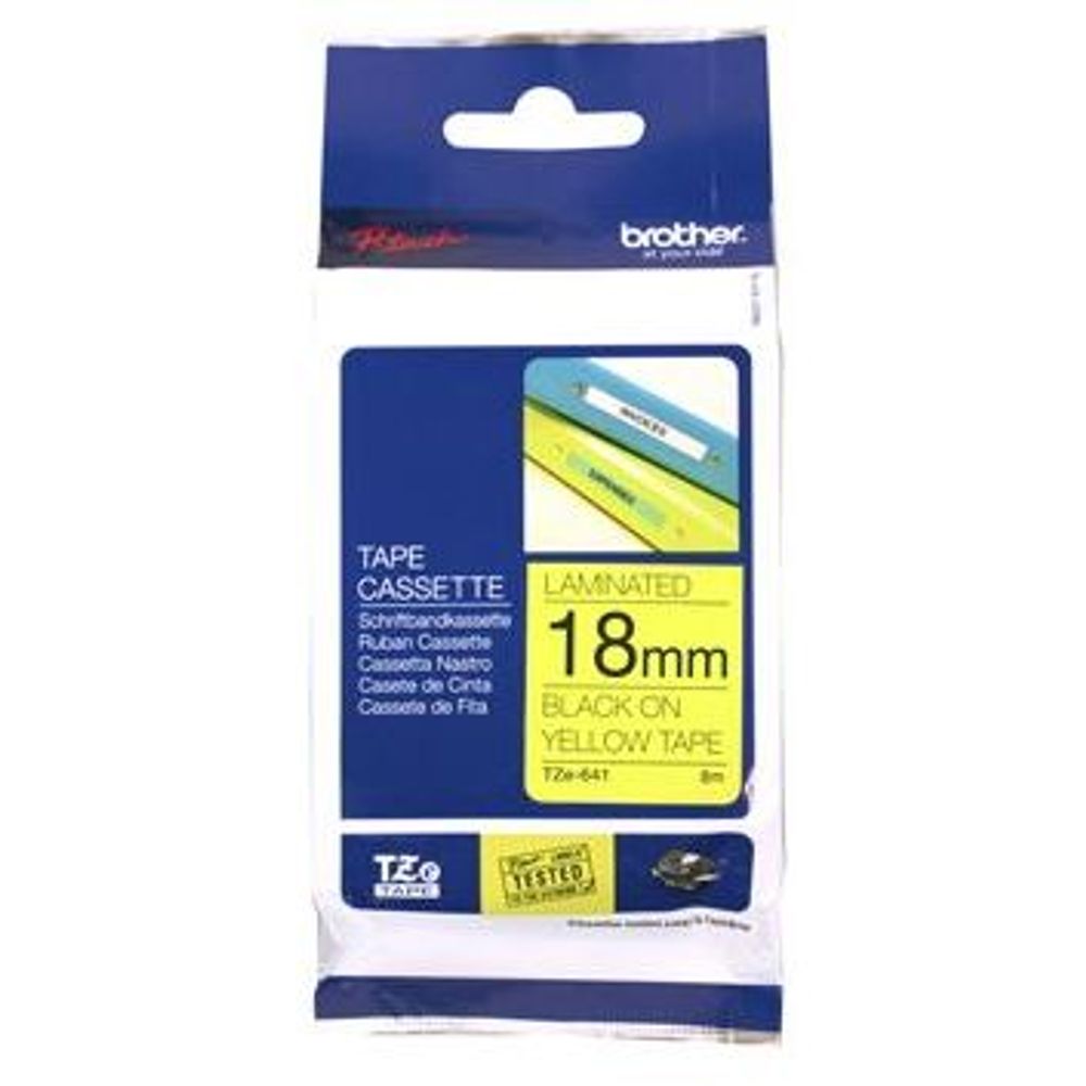 Laminated label tape cassette, 18mm black on yellow tape, Brother TZe
